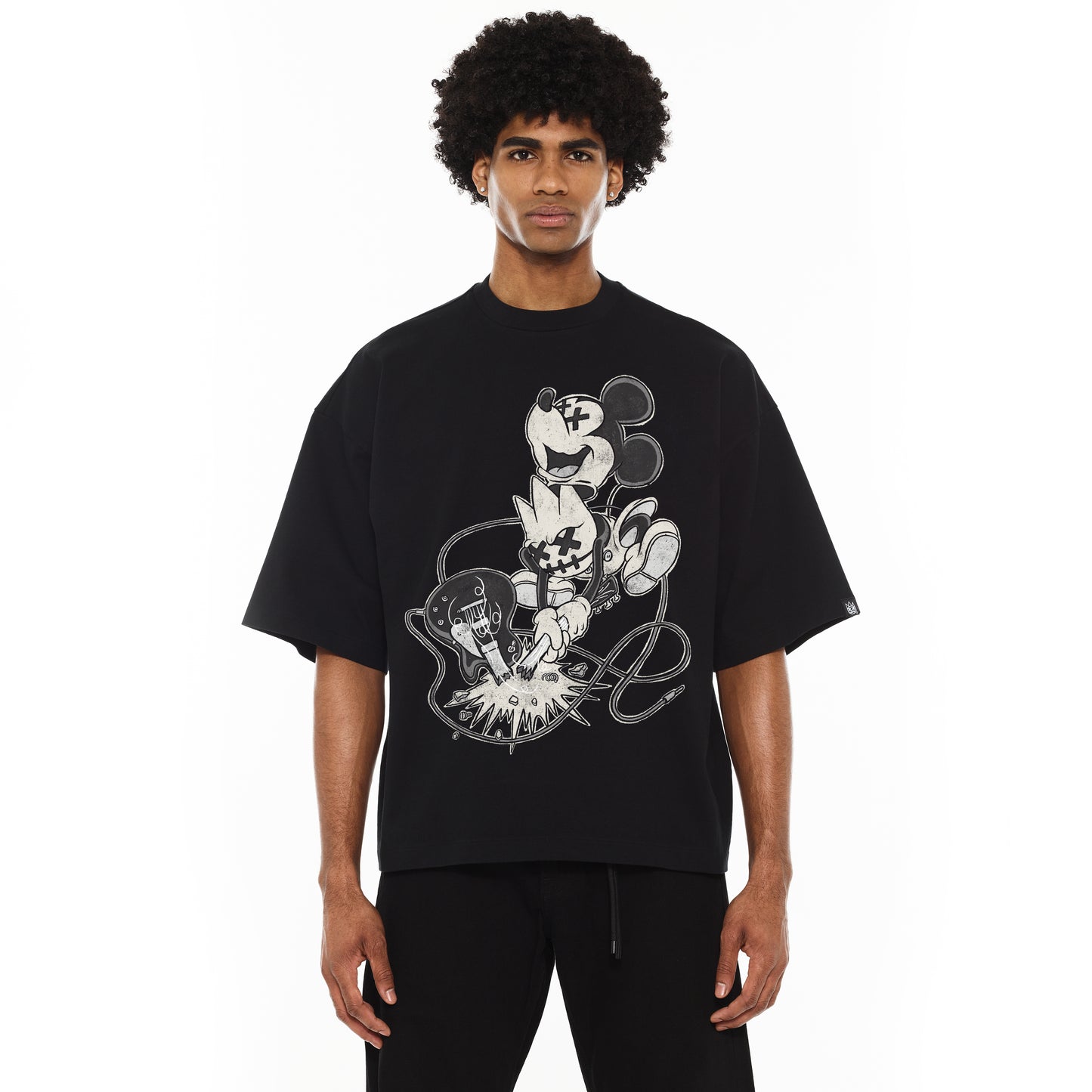 Cult Of Individuality Oversized Heavyweight Boxy Short Sleeve Crew Neck Tee "No Music No Life"-Black
