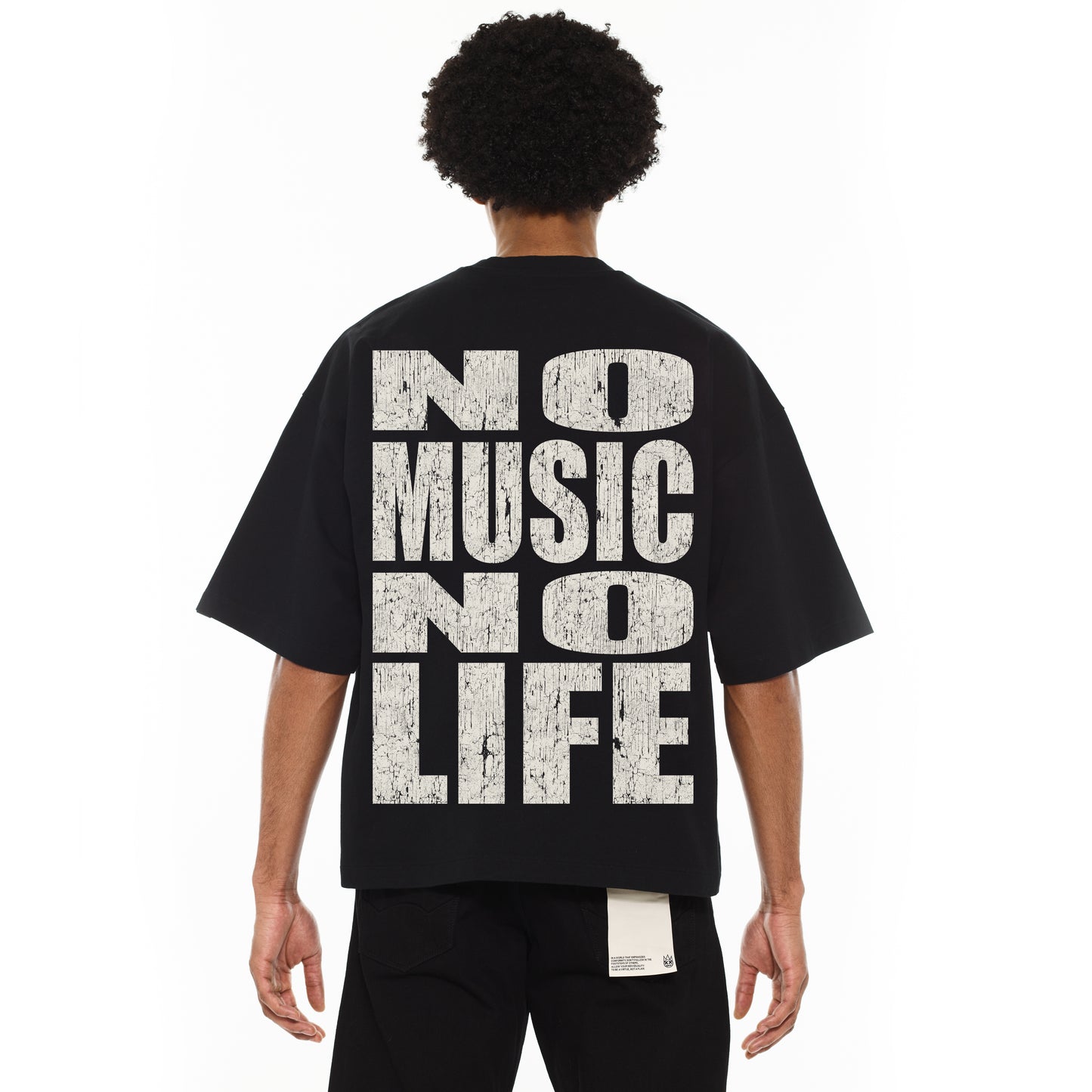 Cult Of Individuality Oversized Heavyweight Boxy Short Sleeve Crew Neck Tee "No Music No Life"-Black