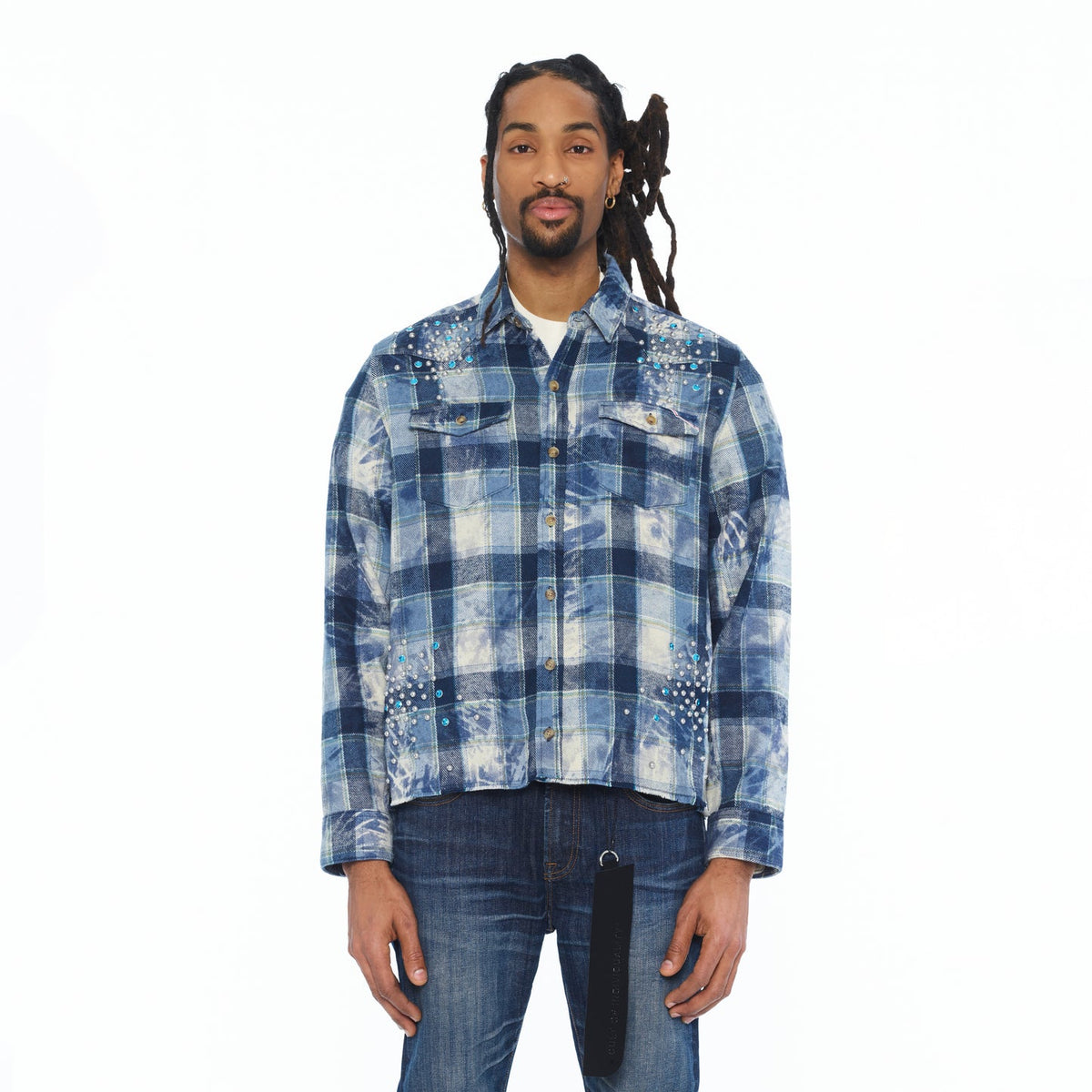 Cult Of Individuality L/S Embellished Plaid Woven Shirt-Blue Steel Plaid
