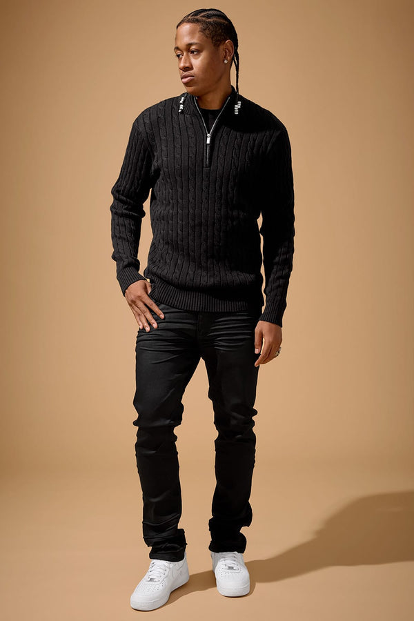 Jordan Craig Montauk 1/4 Zip Cable Knit Sweater-Black