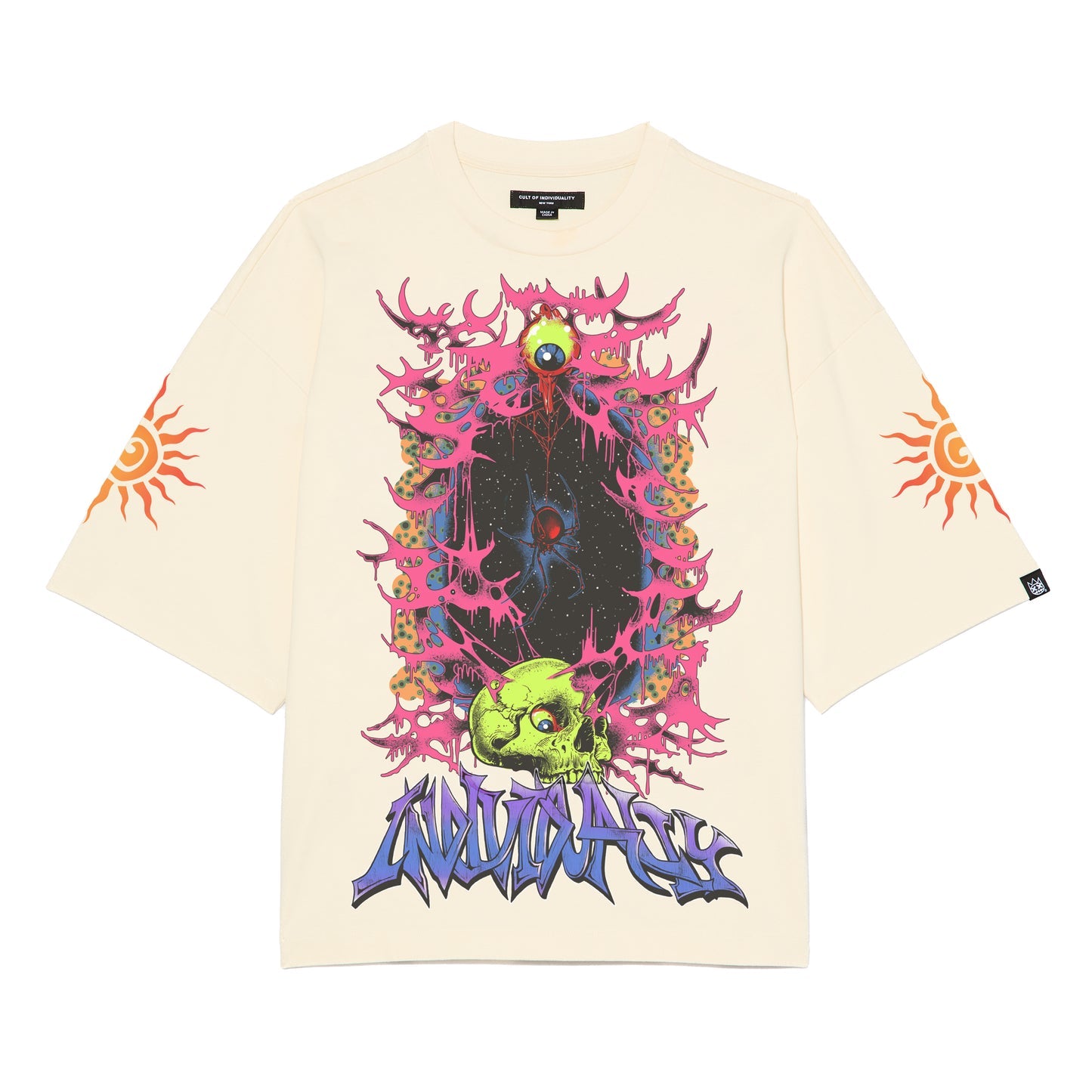 Cult Of Individuality Oversized Short Sleeve Crew Neck Tee "Along Came A Spider"-Winter White