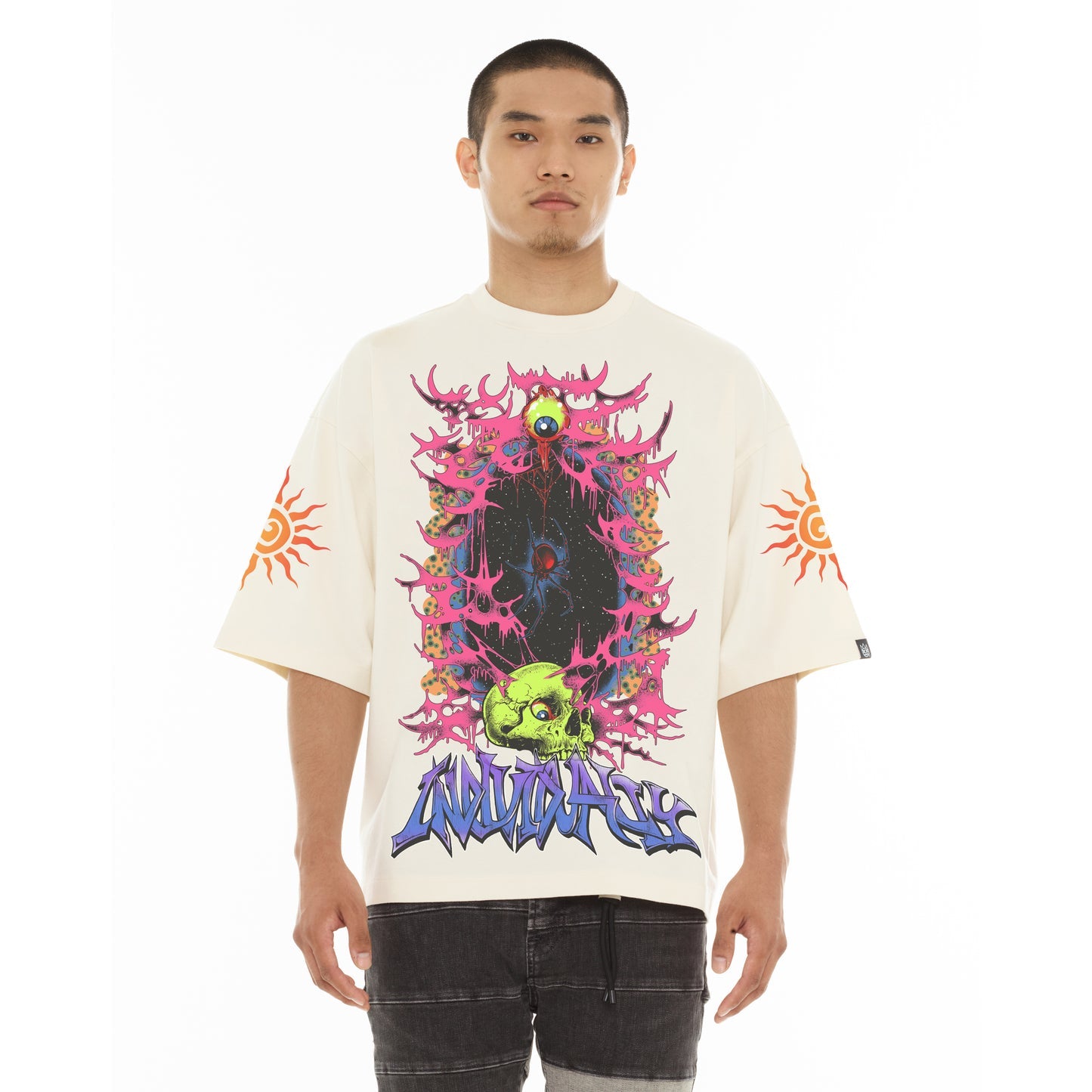 Cult Of Individuality Oversized Short Sleeve Crew Neck Tee "Along Came A Spider"-Winter White