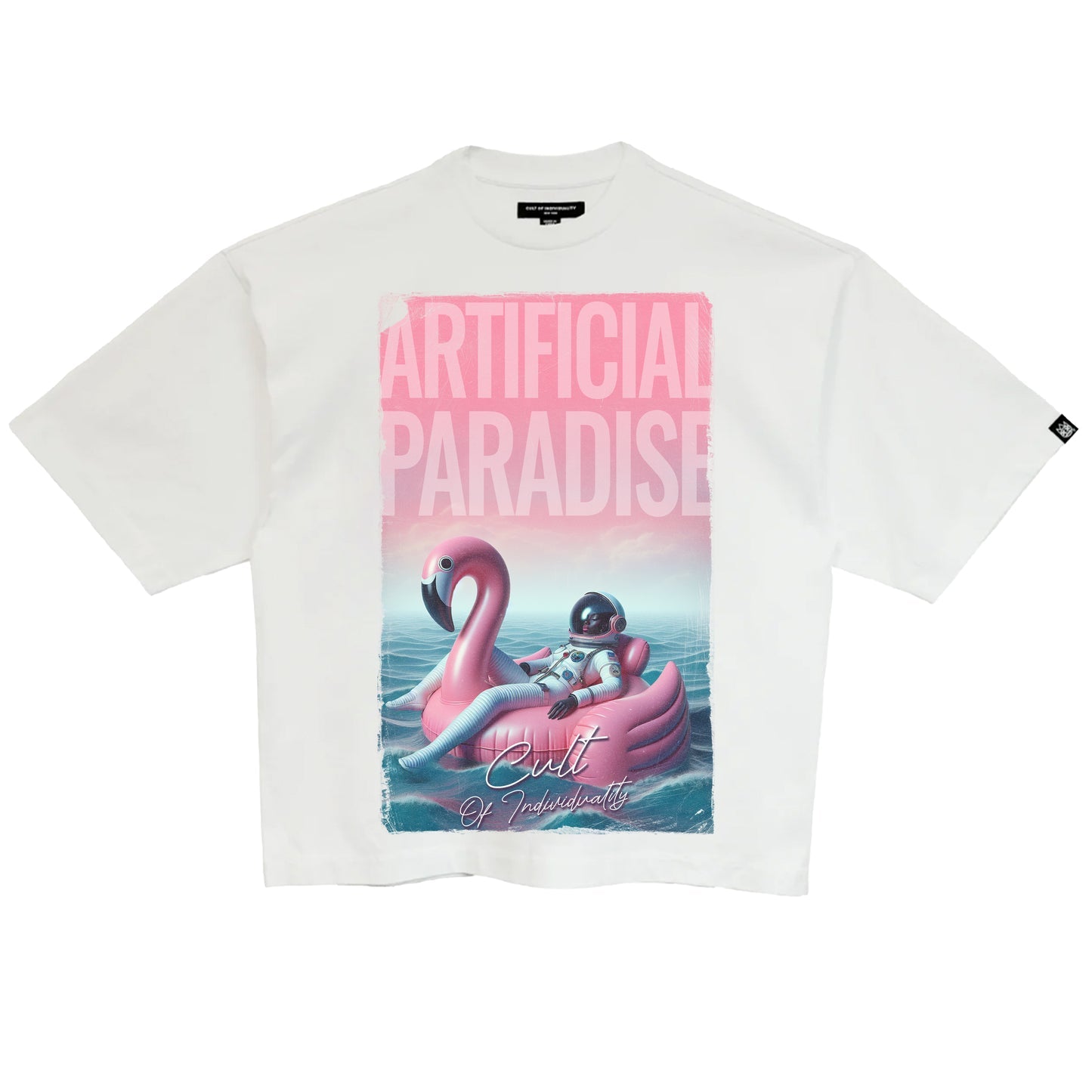 Cult Of Individuality Oversized Short Sleeve Crew Neck Tee "Artificial Paradise"-White