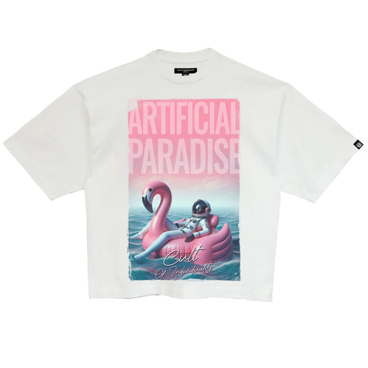 Cult Of Individuality Oversized Short Sleeve Crew Neck Tee "Artificial Paradise"-White