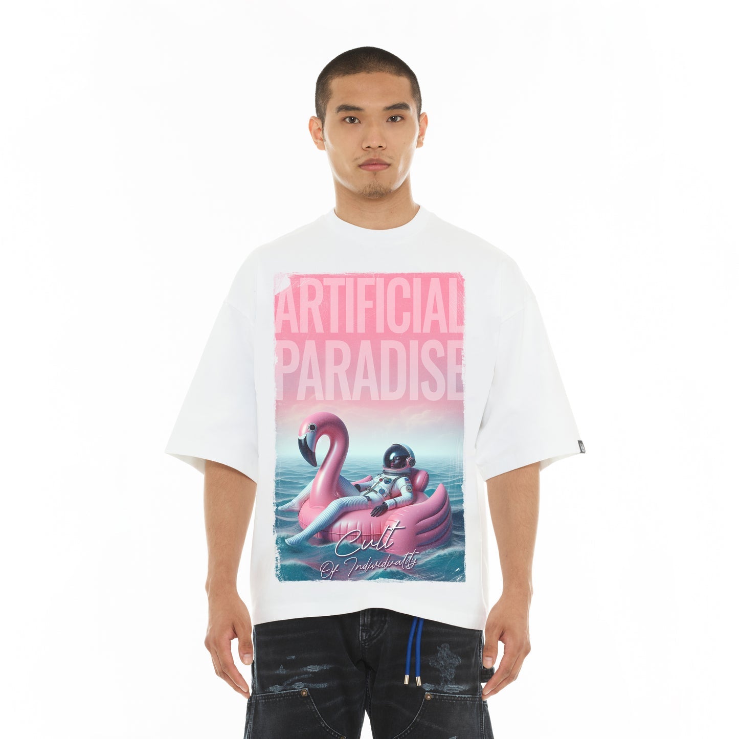 Cult Of Individuality Oversized Short Sleeve Crew Neck Tee "Artificial Paradise"-White