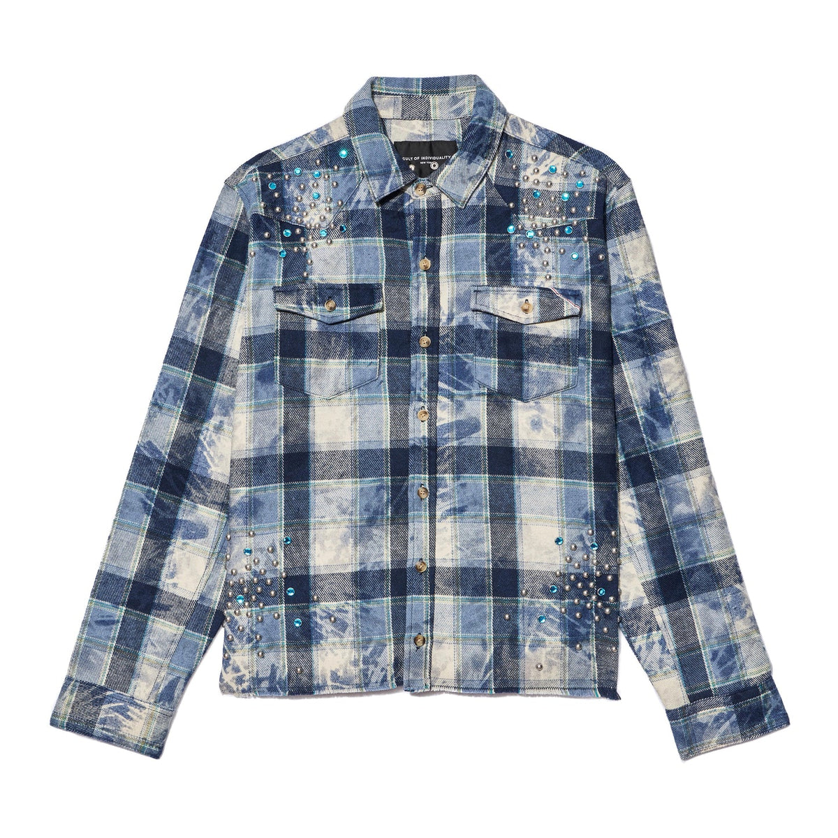 Cult Of Individuality L/S Embellished Plaid Woven Shirt-Blue Steel Plaid