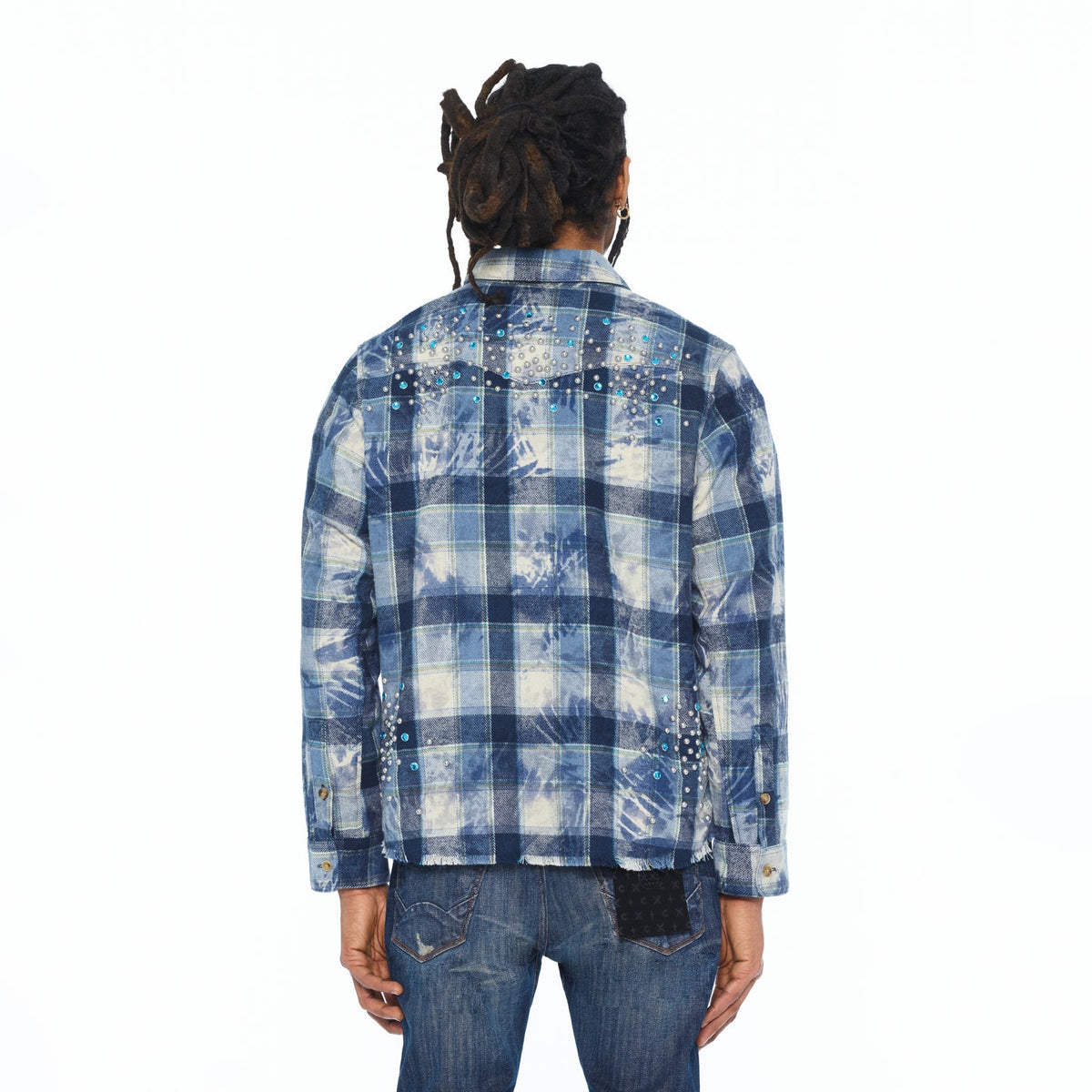 Cult Of Individuality L/S Embellished Plaid Woven Shirt-Blue Steel Plaid