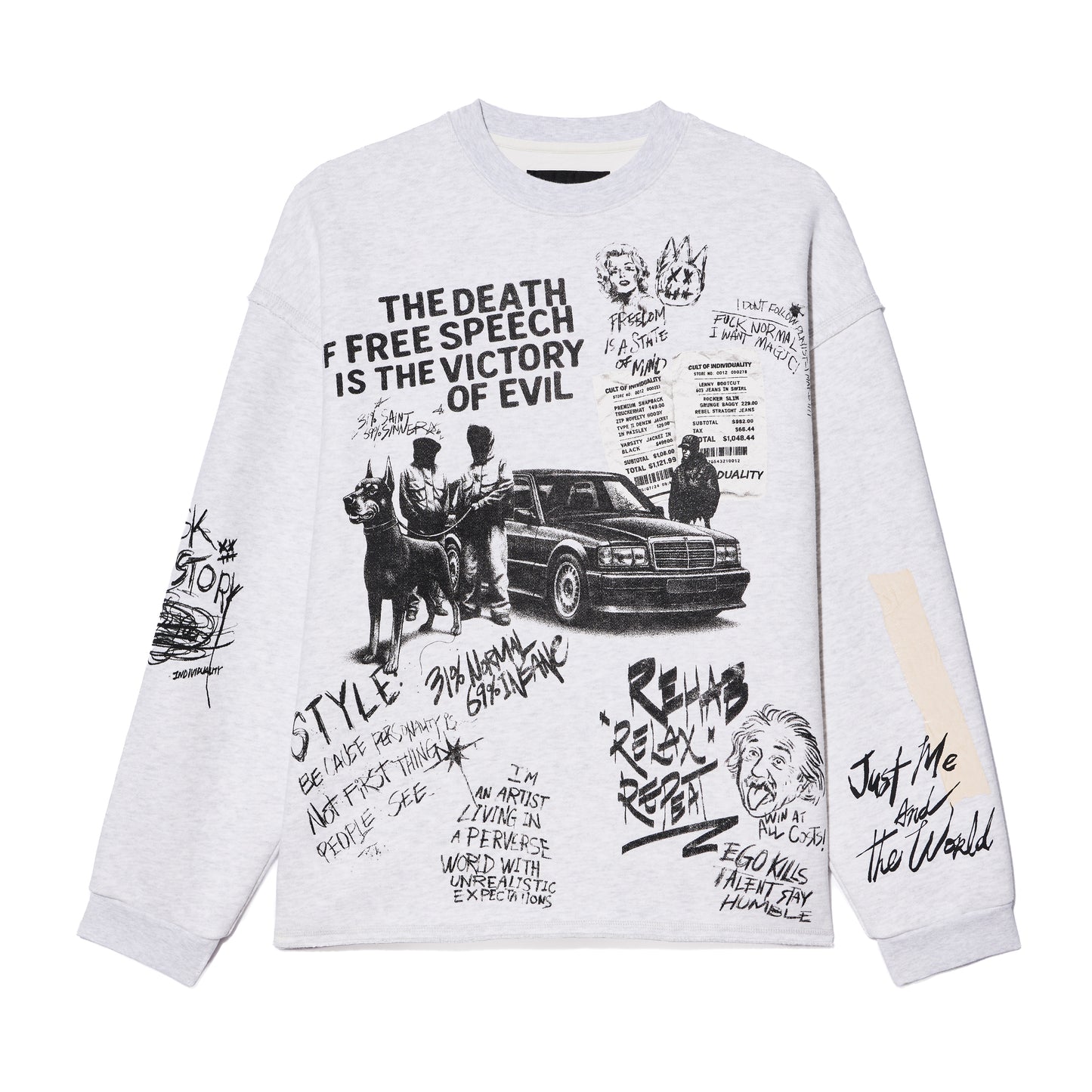 Cult Of Individuality French Terry Fleece Crew Sweatshirt "The Death Of Free Speec-Heather Grey