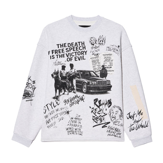 Cult Of Individuality French Terry Fleece Crew Sweatshirt "The Death Of Free Speec-Heather Grey