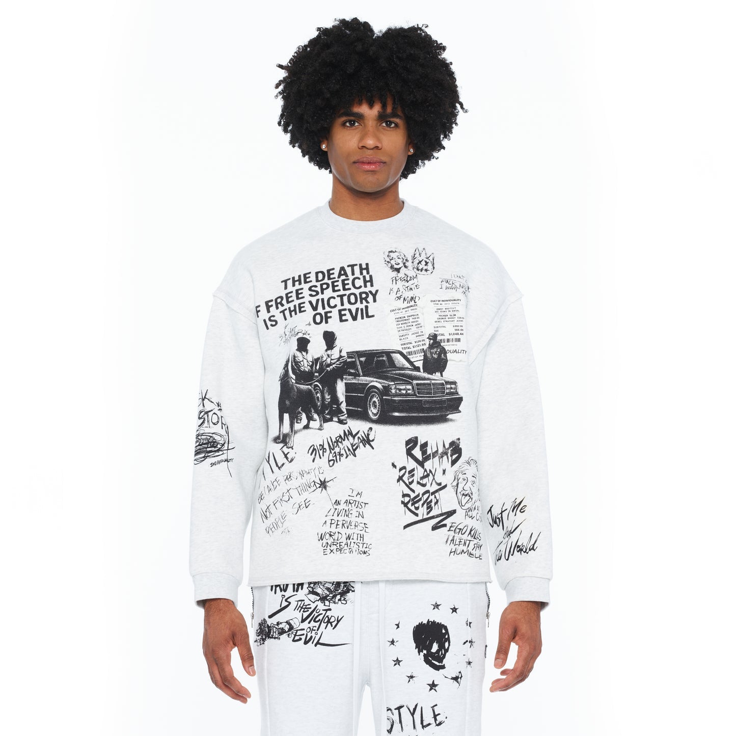 Cult Of Individuality French Terry Fleece Crew Sweatshirt "The Death Of Free Speec-Heather Grey