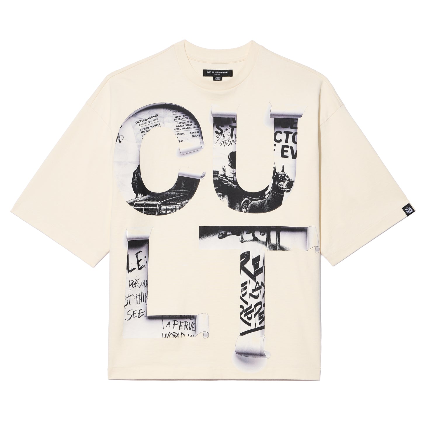Cult Of Individuality Oversized Short Sleeve Crew Neck Tee "Cult Newspaper" 260 Gram-Winter White