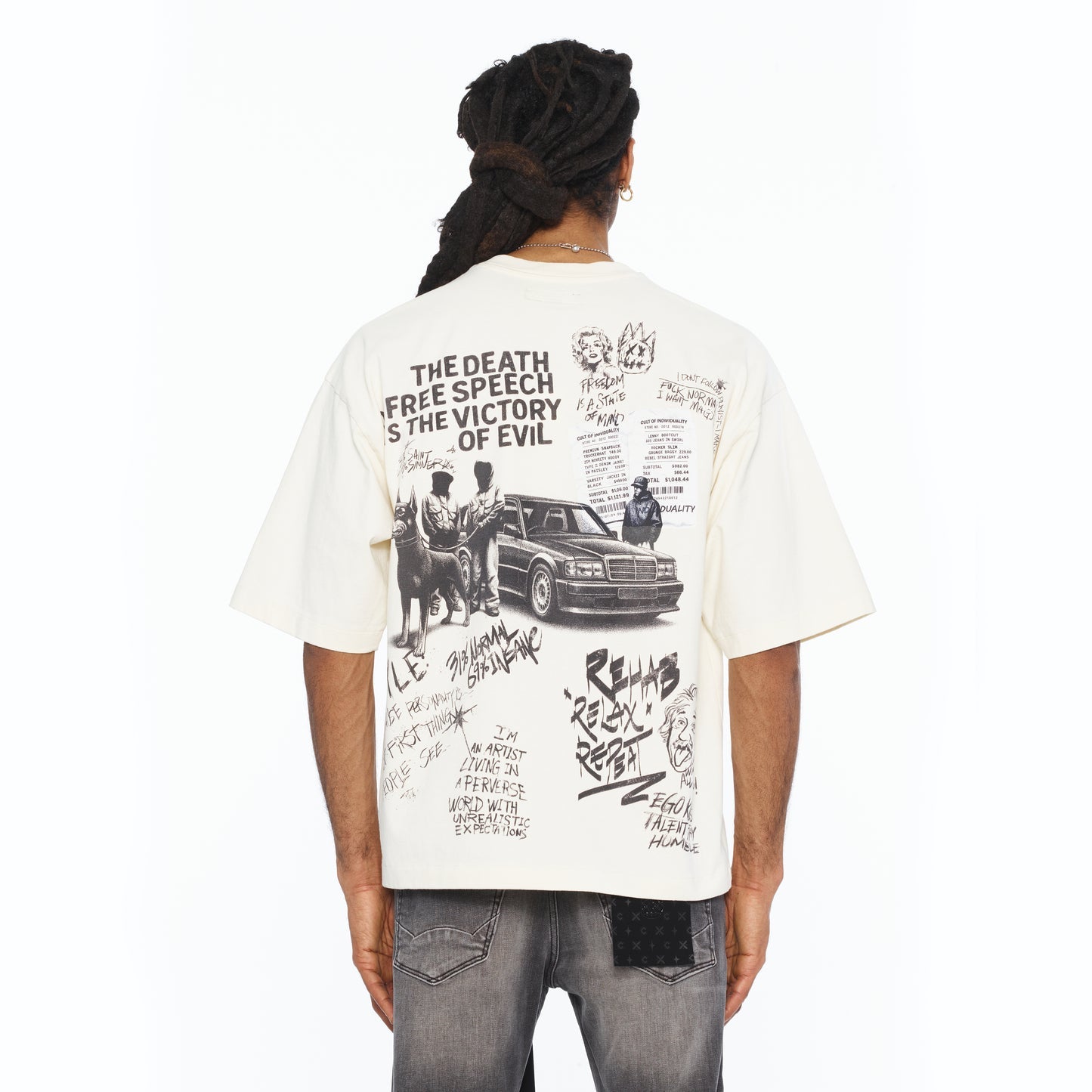 Cult Of Individuality Oversized Short Sleeve Crew Neck Tee "Cult Newspaper" 260 Gram-Winter White