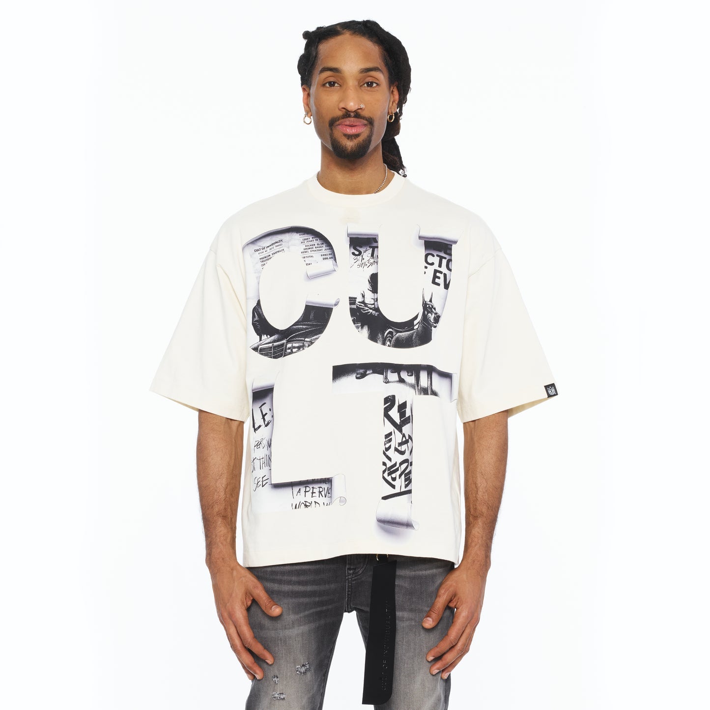 Cult Of Individuality Oversized Short Sleeve Crew Neck Tee "Cult Newspaper" 260 Gram-Winter White