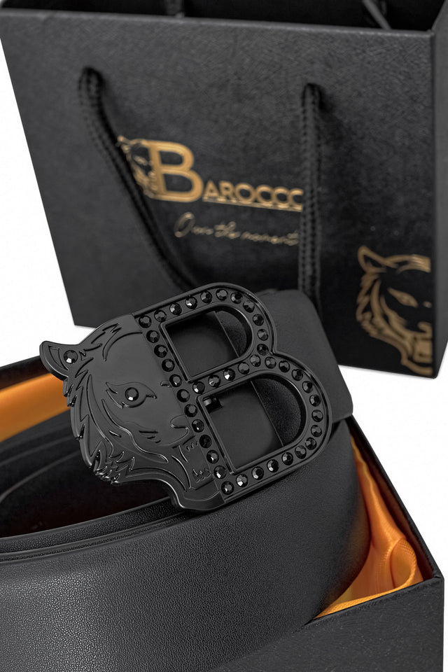 Barocco Flat Leather Auto Buckle Belt-Black