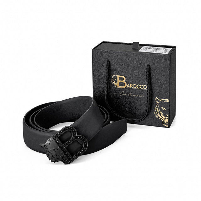 Barocco Flat Leather Auto Buckle Belt-Black