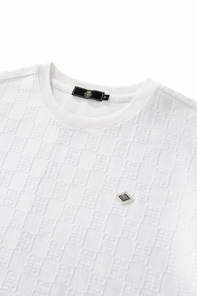 Barocco Embossed Greek Key Texture Tee–El Baron White