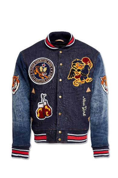 Jordan Craig Crouching Tiger Denim Varsity Jacket (Dark Blue)