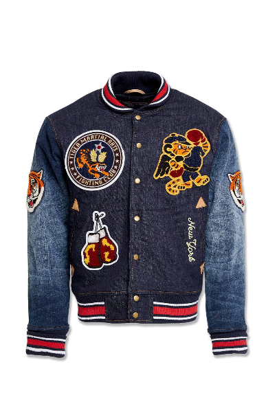 JORDAN CRAIG CROUCHING TIGER DENIM VARSITY JACKET (DARK BLUE)