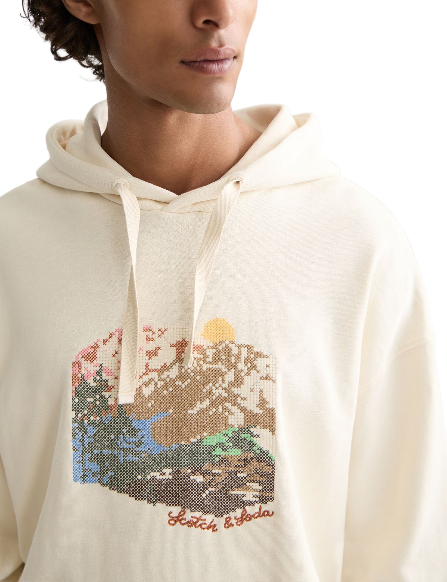 Scotch & Soda Loose Fit Embroidered Artwork Hoodie-Eggnog